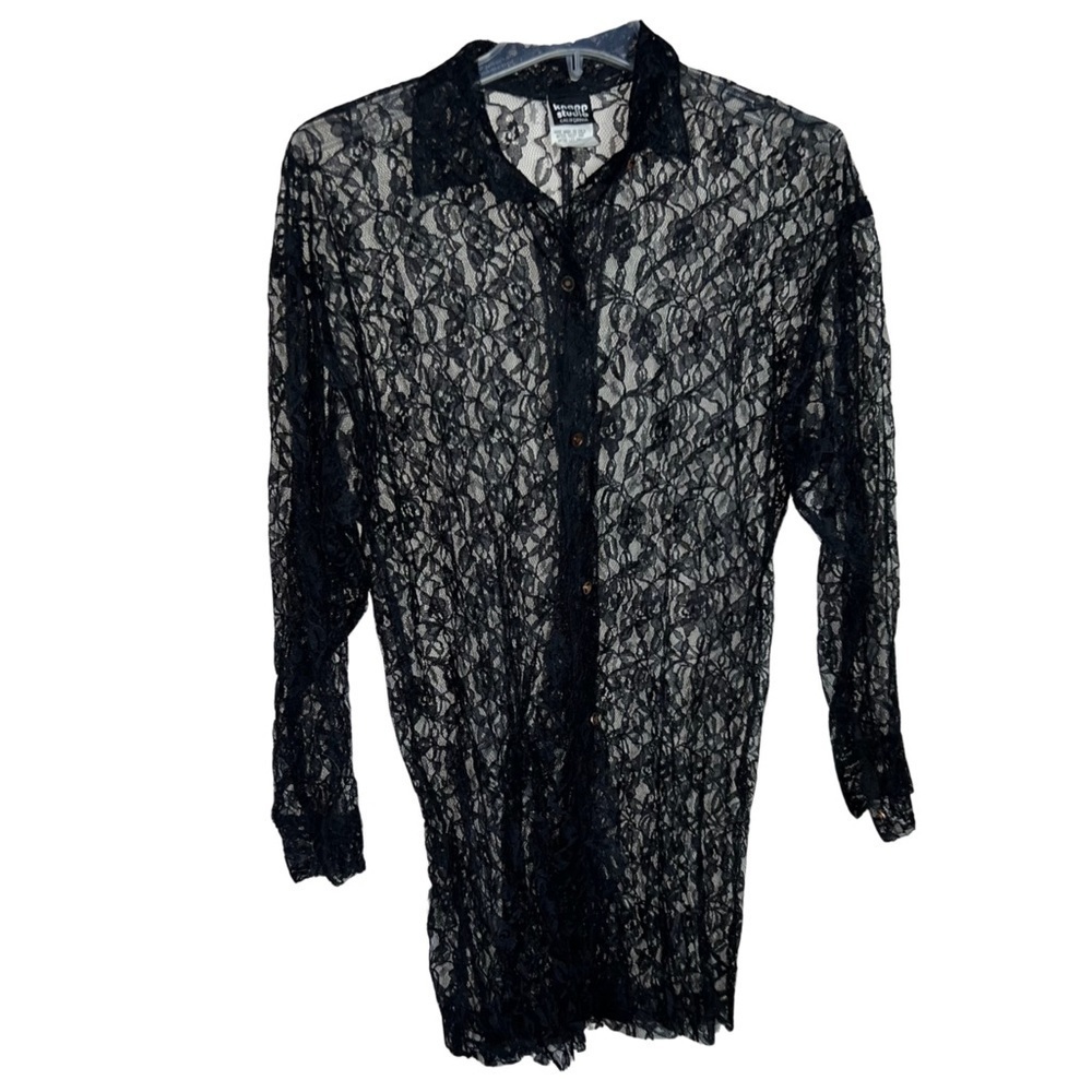 Knapp Studio California Black Lace Button Front Split Back Shirt Size Small